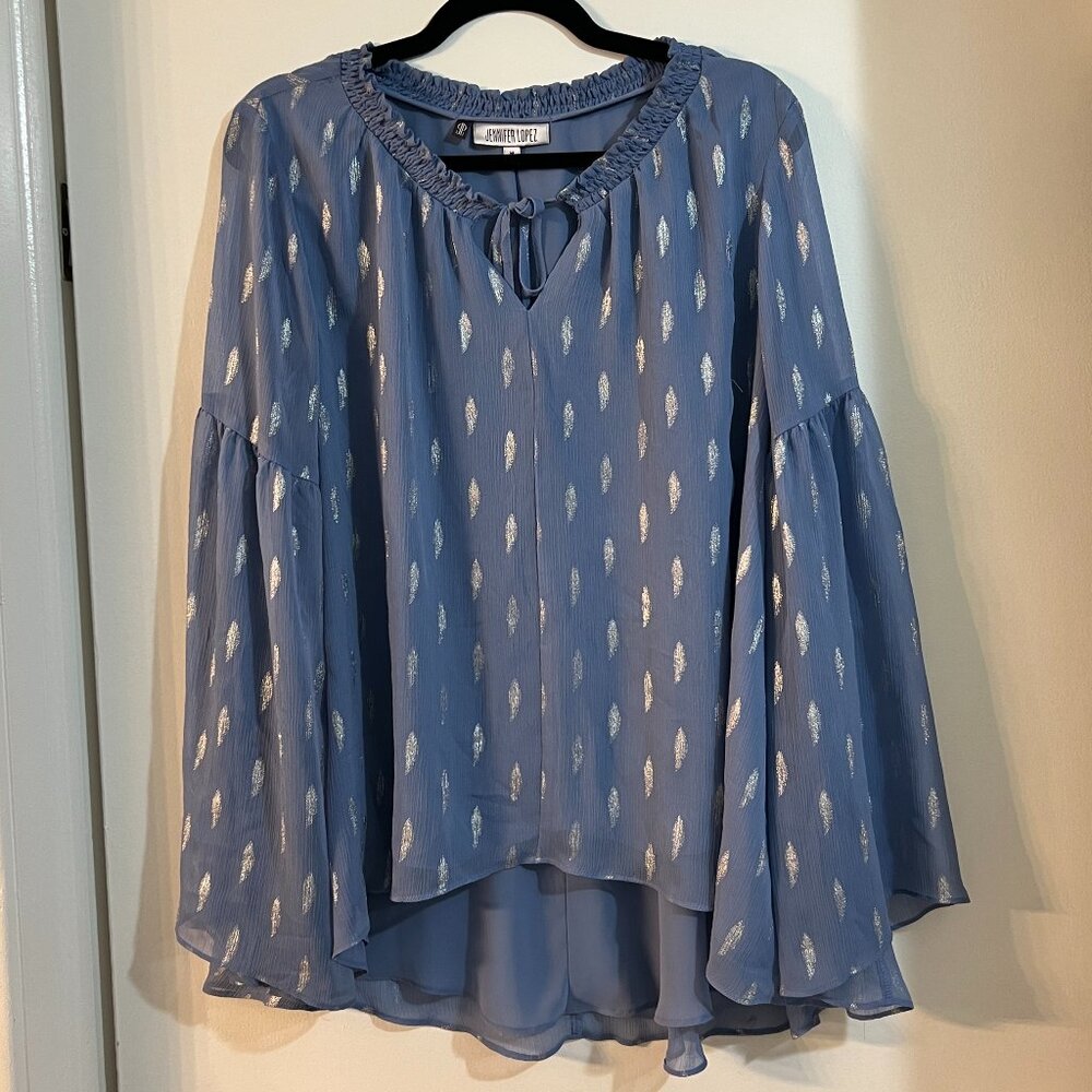 Jennifer Lopez Sky Blue & Silver Tie-Front Blouse (M)